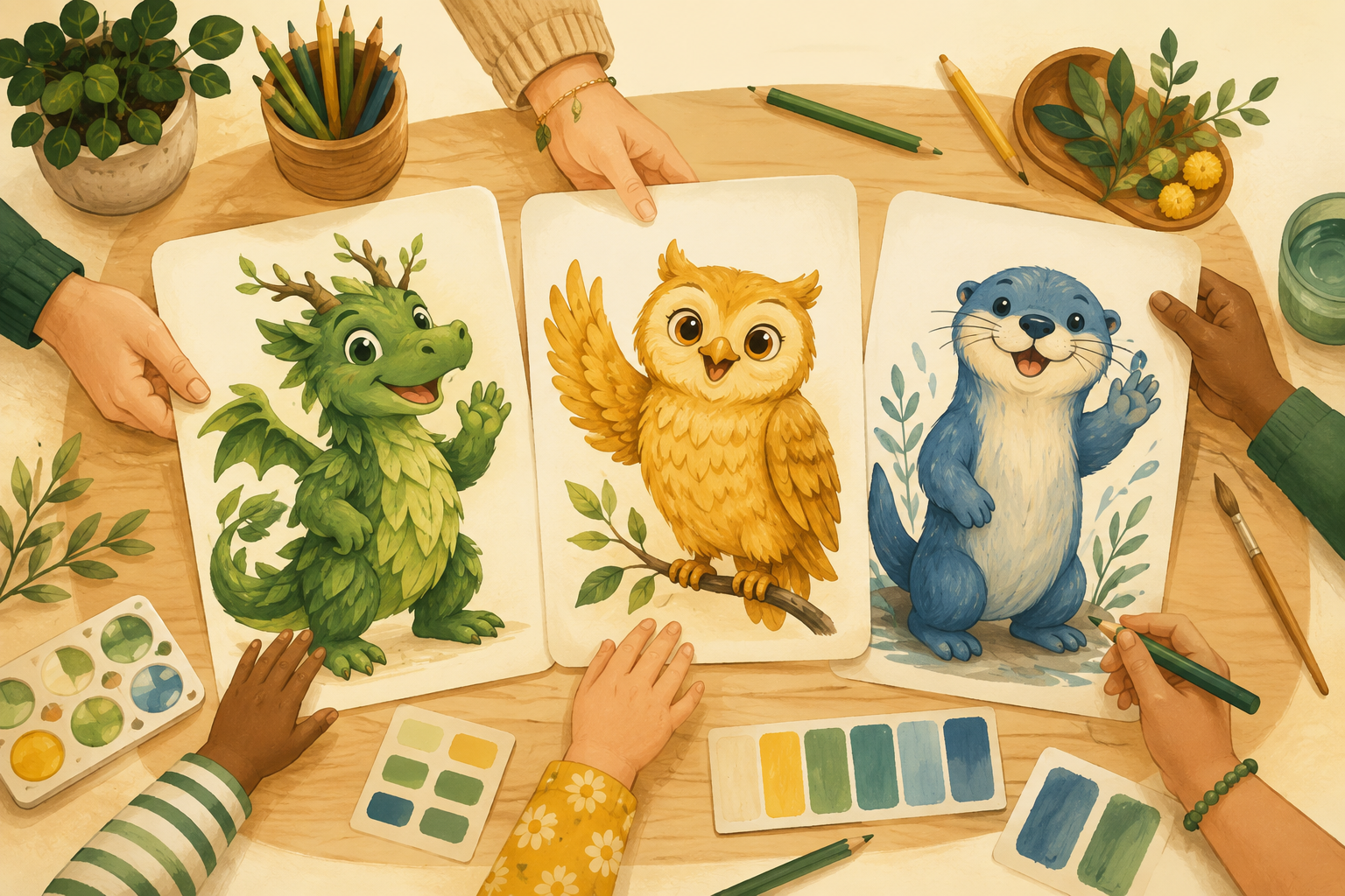 Illustrated dragon, owl and otter character ideas being developed together with pencils and colour swatches.